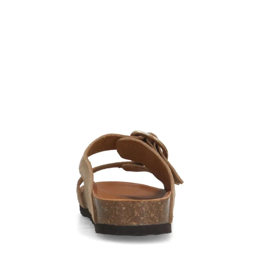 Manfield Beige suède slippers met gesp^DAMES Slippers