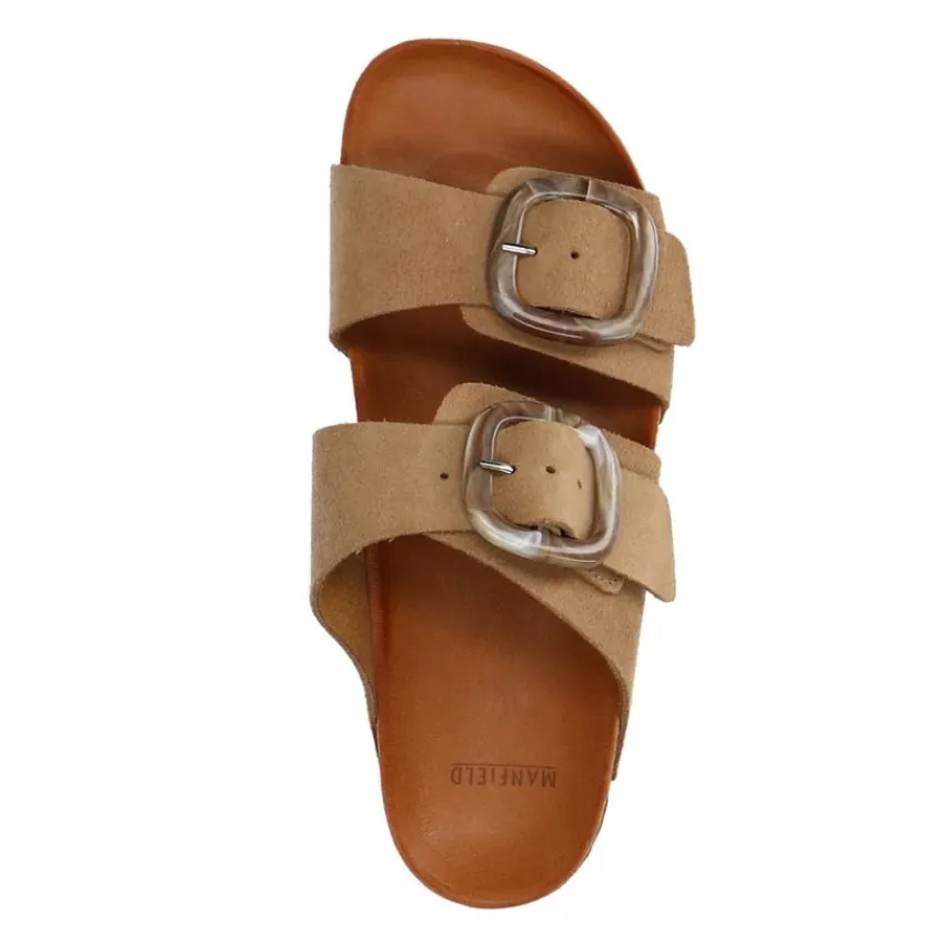 Manfield Beige suède slippers met gesp^DAMES Slippers