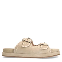 Manfield Beige suède slippers met witte details^DAMES Sandalen