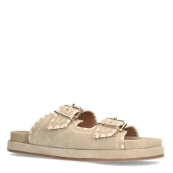 Manfield Beige suède slippers met witte details^DAMES Sandalen