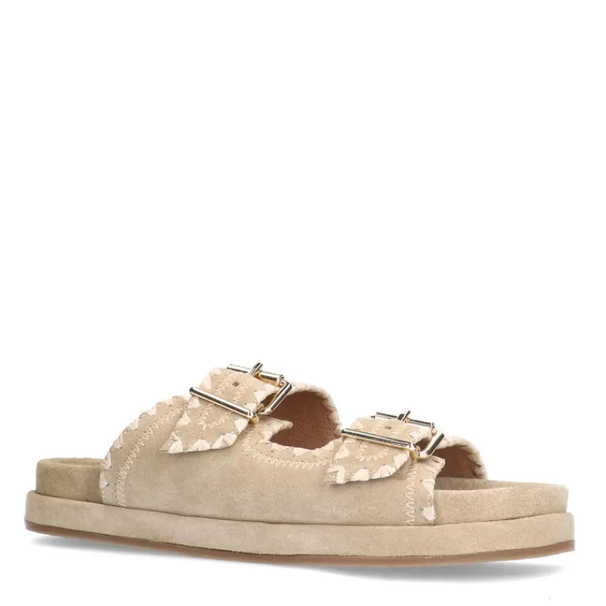 Manfield Beige suède slippers met witte details^DAMES Sandalen