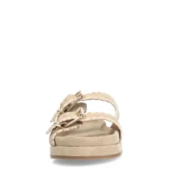 Manfield Beige suède slippers met witte details^DAMES Sandalen
