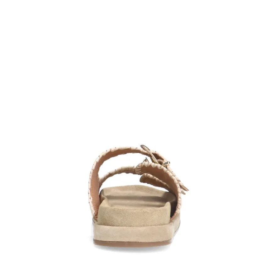Manfield Beige suède slippers met witte details^DAMES Sandalen