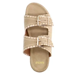 Manfield Beige suède slippers met witte details^DAMES Sandalen