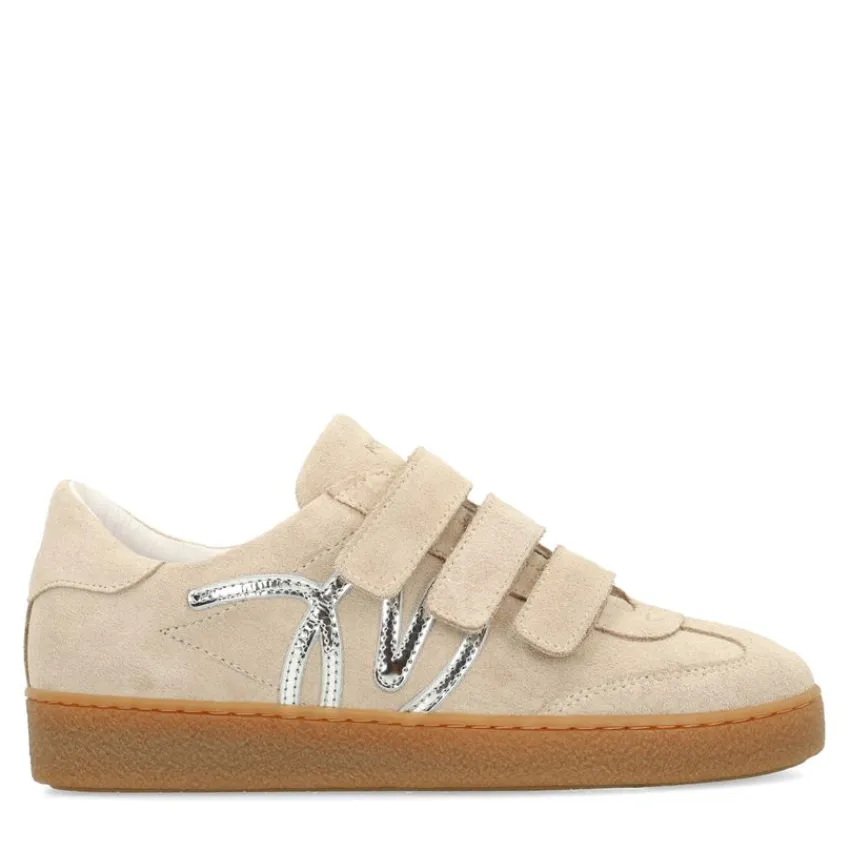 Manfield Beige suède sneakers met klittenband^DAMES Sneakers