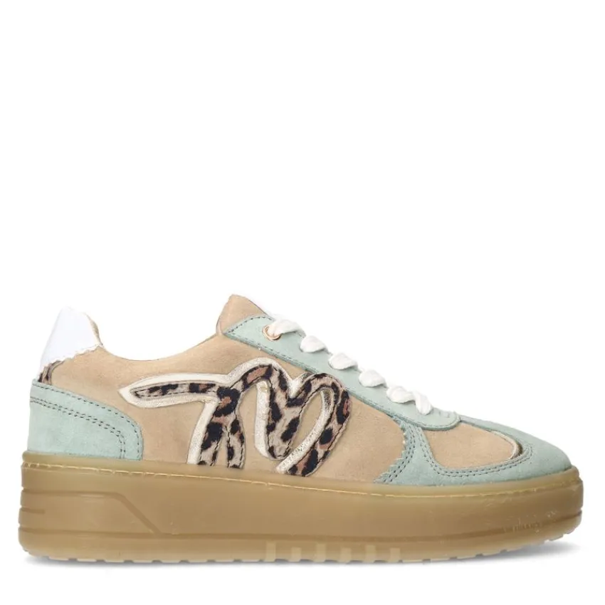Manfield Beige suède sneakers met mint groene details^DAMES Sneakers