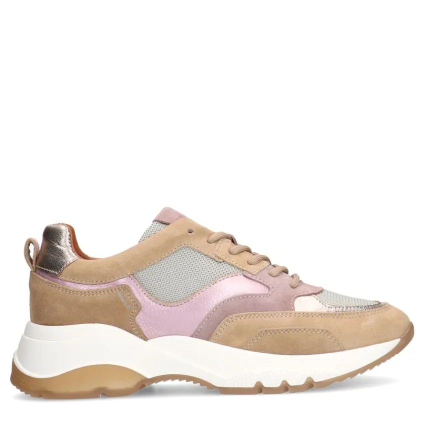 Manfield Beige suède sneakers met mesh en metallic details^DAMES Sneakers