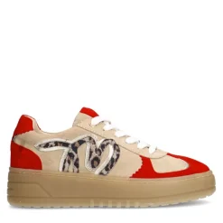 Manfield Beige suède sneakers met rode details^DAMES Sneakers