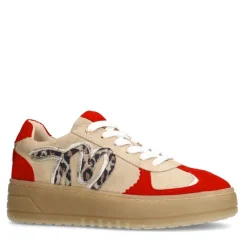 Manfield Beige suède sneakers met rode details^DAMES Sneakers