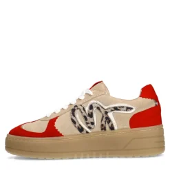 Manfield Beige suède sneakers met rode details^DAMES Sneakers