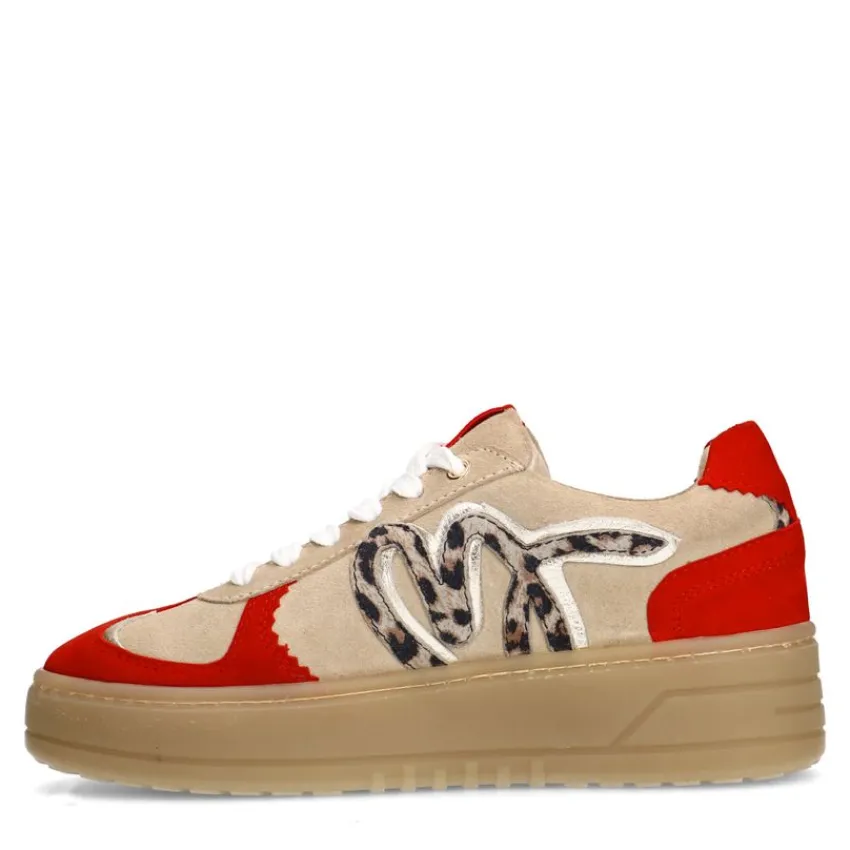 Manfield Beige suède sneakers met rode details^DAMES Sneakers