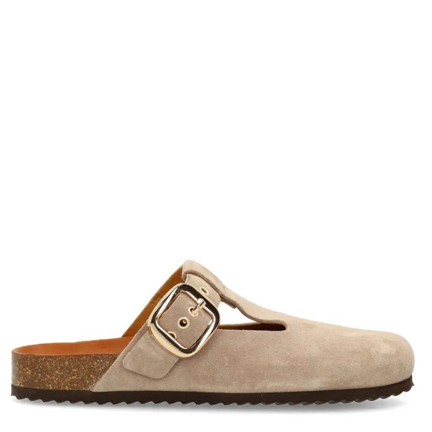 Manfield Beige/grijs suède clogs^DAMES Loafers