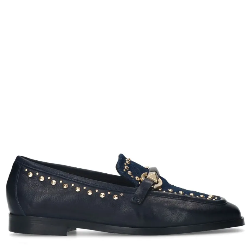 Manfield Blauwe leren loafers met details^DAMES Loafers