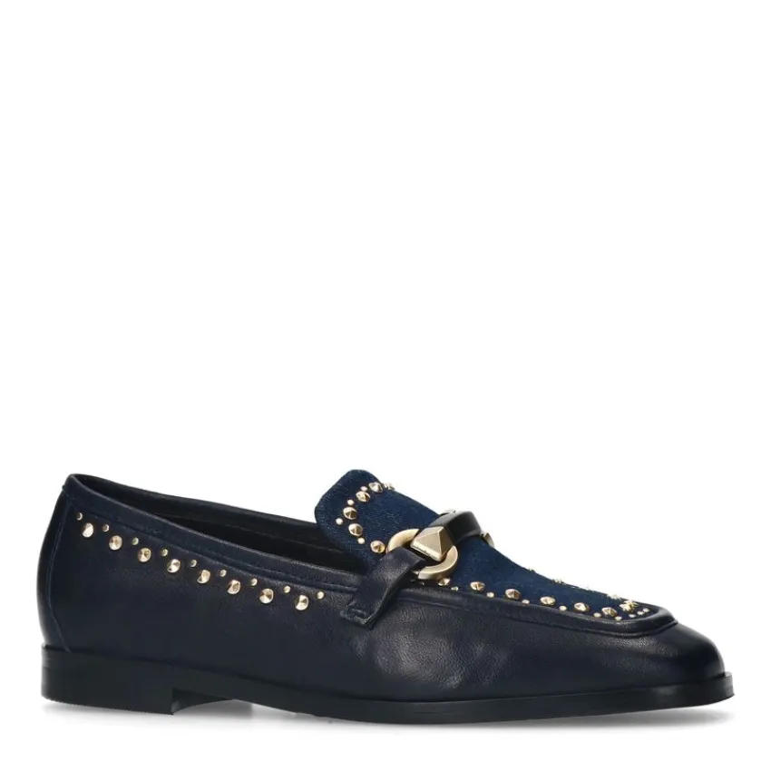 Manfield Blauwe leren loafers met details^DAMES Loafers