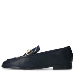 Manfield Blauwe leren loafers met details^DAMES Loafers