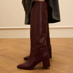 Manfield Bordeaux rode hoge leren laarzen met hak^DAMES Laarzen