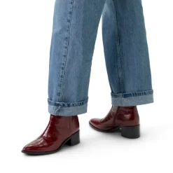 Manfield Bordeaux rode leren croco enkellaarsjes^DAMES Enkellaarsjes