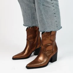 Manfield Bronskleurige metallic leren cowboy laarzen^DAMES Enkellaarsjes