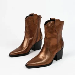 Manfield Bronskleurige metallic leren cowboy laarzen^DAMES Enkellaarsjes