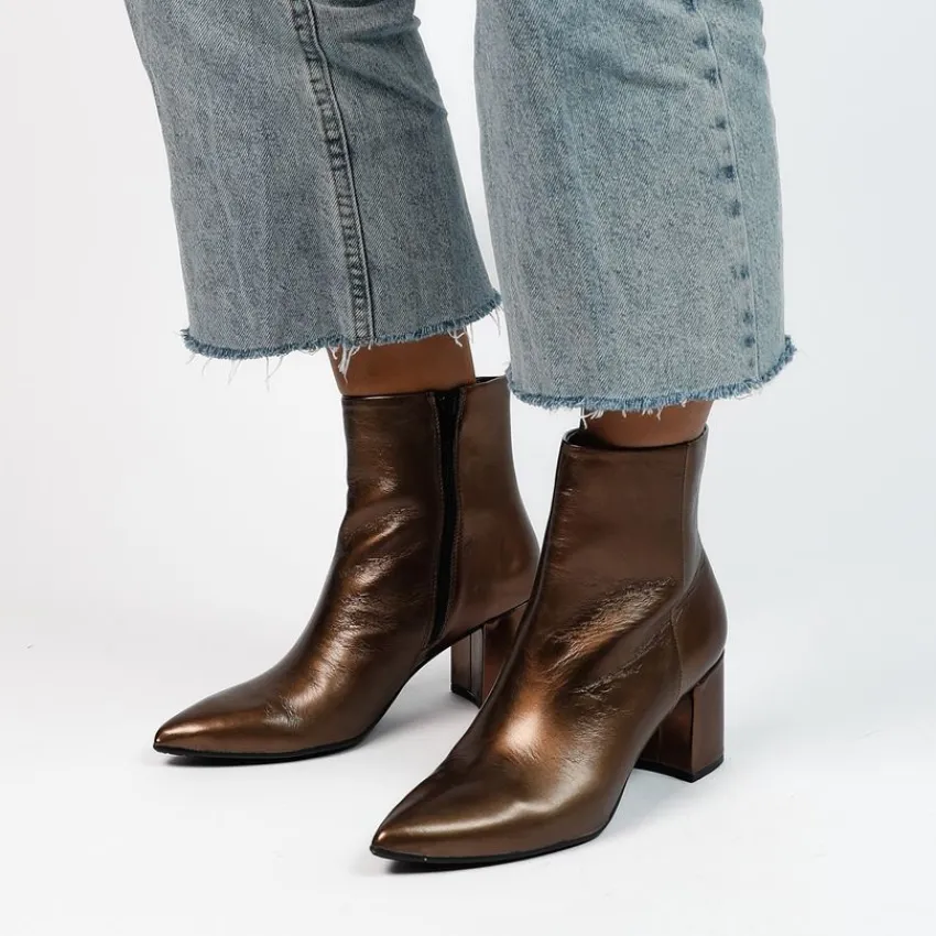 Manfield Bronzen leren enkellaarsjes met hak^DAMES Enkellaarsjes