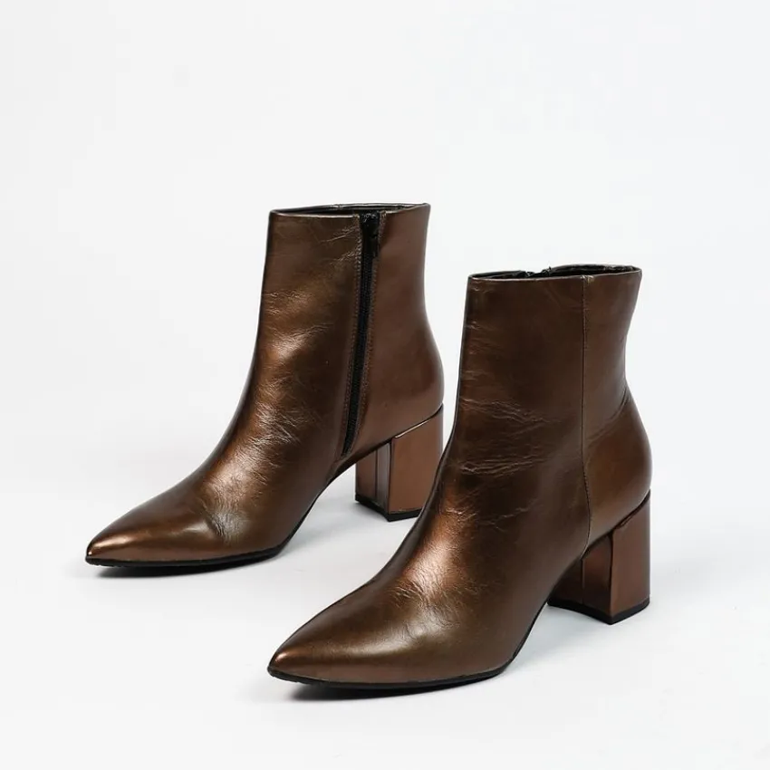 Manfield Bronzen leren enkellaarsjes met hak^DAMES Enkellaarsjes