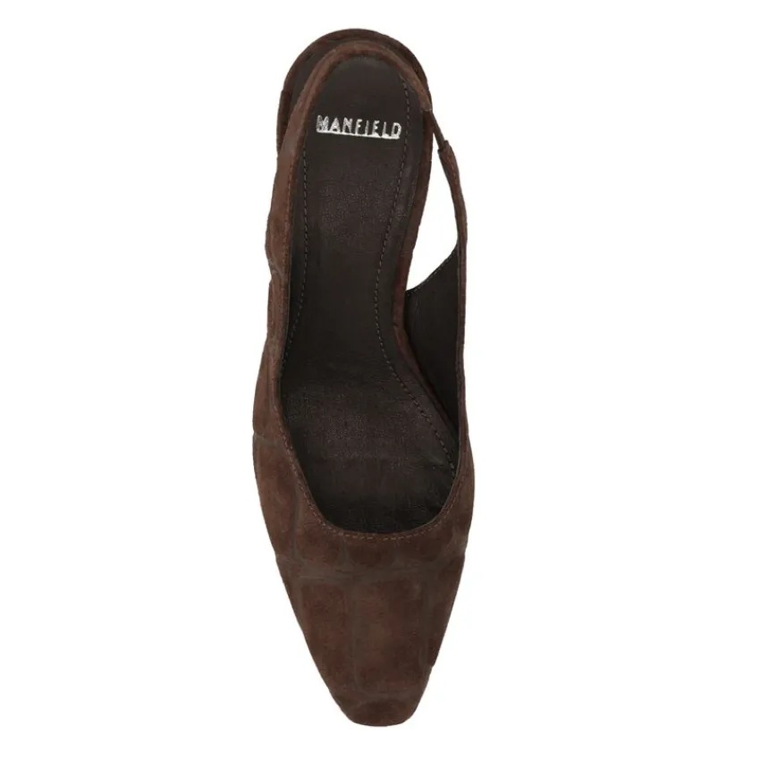 Manfield Bruin bedrukte suède slingbacks^DAMES Pumps|Slingbacks