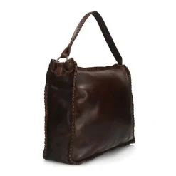 Manfield Bruine leren schoudertas met gevlochten details^ Schoudertassen