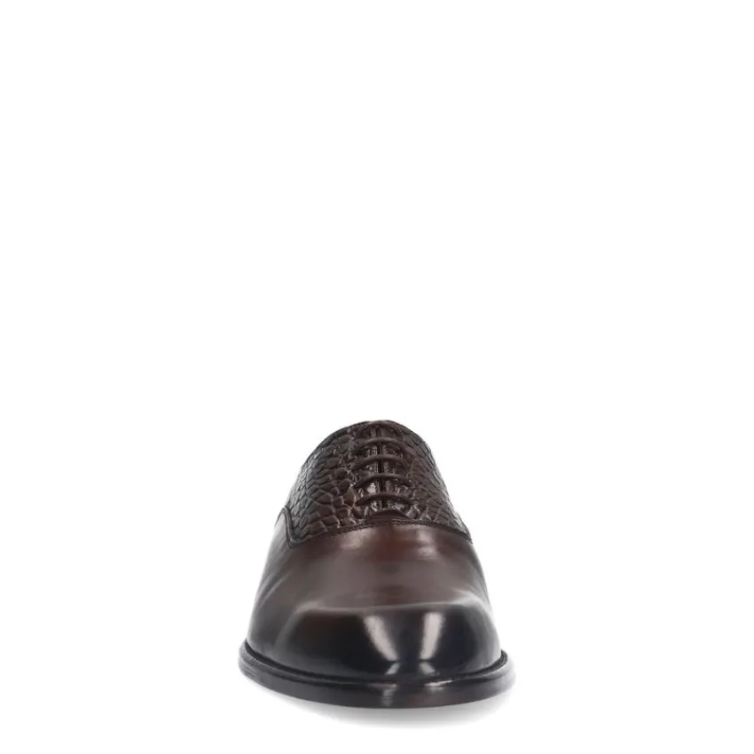Manfield Bruine leren veterschoenen met croco details^Heren Veterschoenen