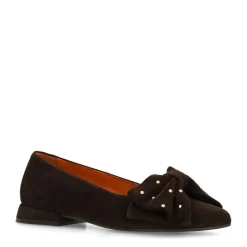 Manfield Bruine suède ballerina's met strik^DAMES Loafers