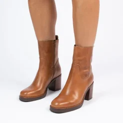 Manfield Cognac leren enkellaarsjes met hak^DAMES Enkellaarsjes