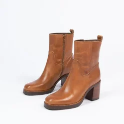 Manfield Cognac leren enkellaarsjes met hak^DAMES Enkellaarsjes