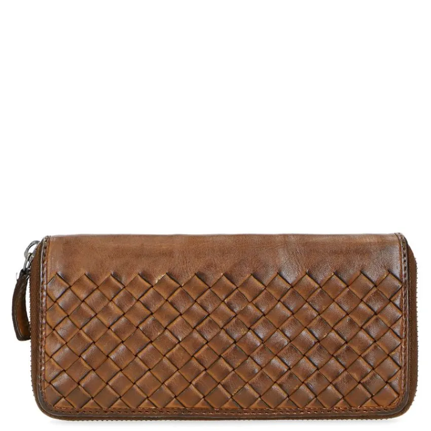 Manfield Cognac leren portemonnee met gewoven structuur^ Portemonnees