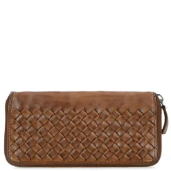 Manfield Cognac leren portemonnee met gewoven structuur^ Portemonnees