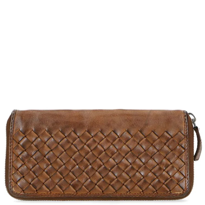 Manfield Cognac leren portemonnee met gewoven structuur^ Portemonnees