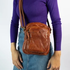 Manfield Cognac leren schoudertas^ Schoudertassen