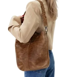 Manfield Cognac leren shopper met krokodillenprint^ Handtassen