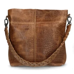 Manfield Cognac leren shopper met krokodillenprint^ Handtassen
