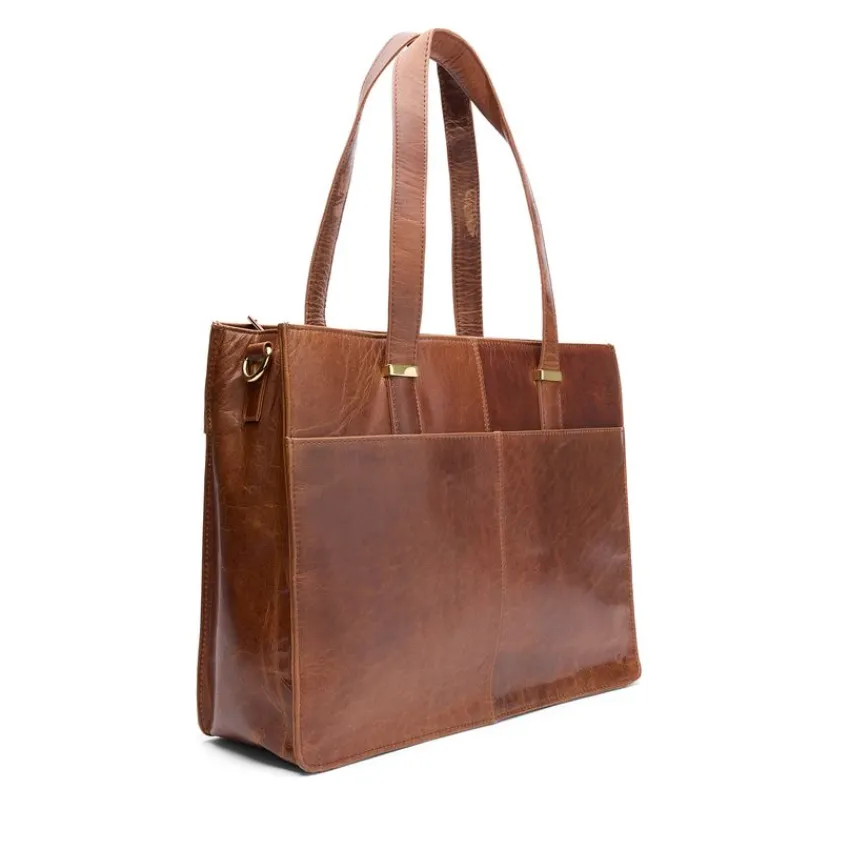 Manfield Cognac leren shopper met laptopvak^ Shoppers