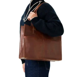 Manfield Cognac leren shopper met laptopvak^ Shoppers