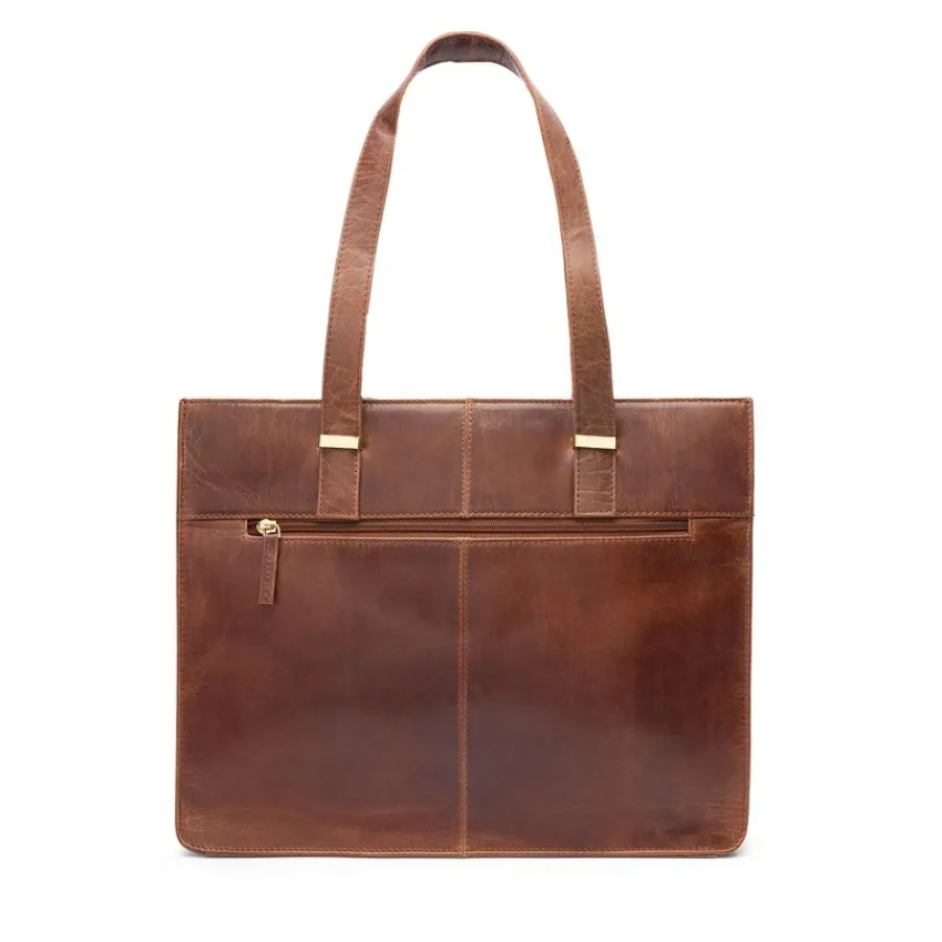 Manfield Cognac leren shopper met laptopvak^ Shoppers