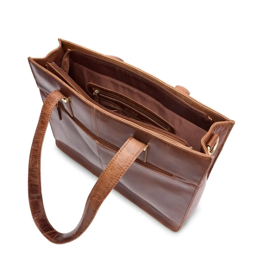 Manfield Cognac leren shopper met laptopvak^ Shoppers