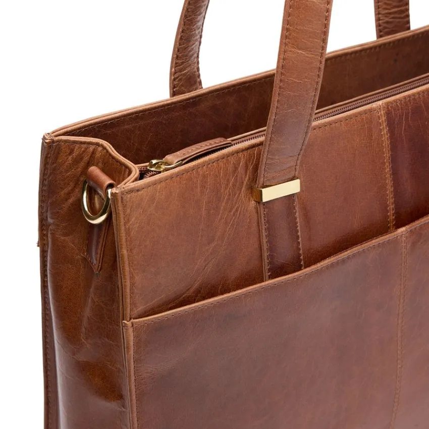 Manfield Cognac leren shopper met laptopvak^ Shoppers