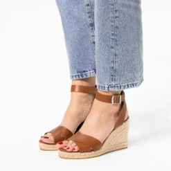 Manfield Cognac leren sleehakken^DAMES Espadrilles|Sandalen