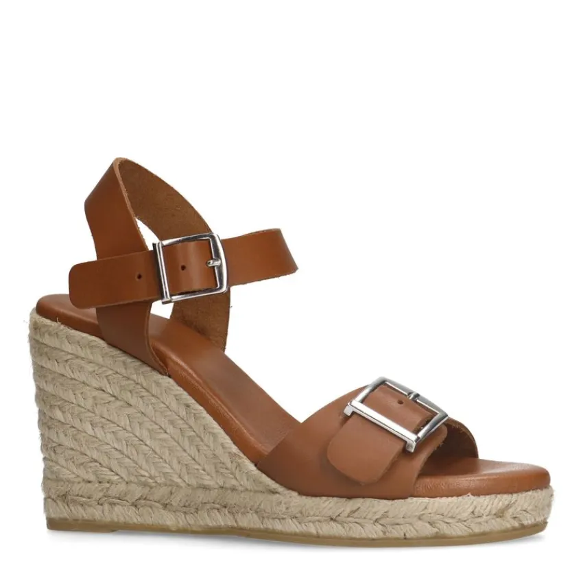 Manfield Cognac leren sleehakken met gesp^DAMES Espadrilles|Sandalen