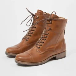 Manfield Cognac leren veterlaarzen met bont voering^DAMES Enkellaarsjes