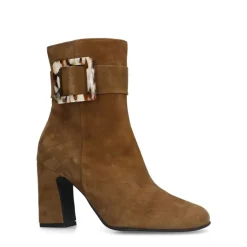 Manfield Cognac suède enkellaarsjes met gesp^DAMES Enkellaarsjes