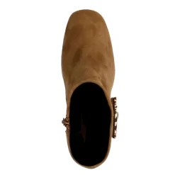 Manfield Cognac suède enkellaarsjes met gesp^DAMES Enkellaarsjes