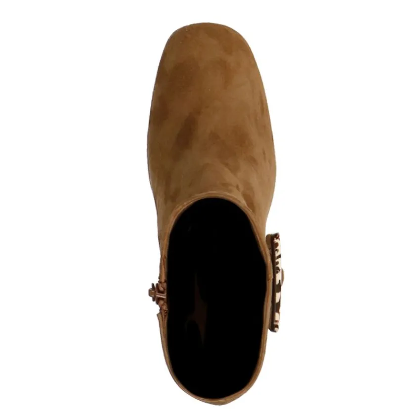 Manfield Cognac suède enkellaarsjes met gesp^DAMES Enkellaarsjes