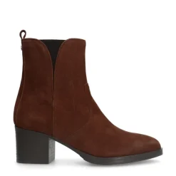 No Stress Cognac suède enkellaarsjes met hak^DAMES Enkellaarsjes