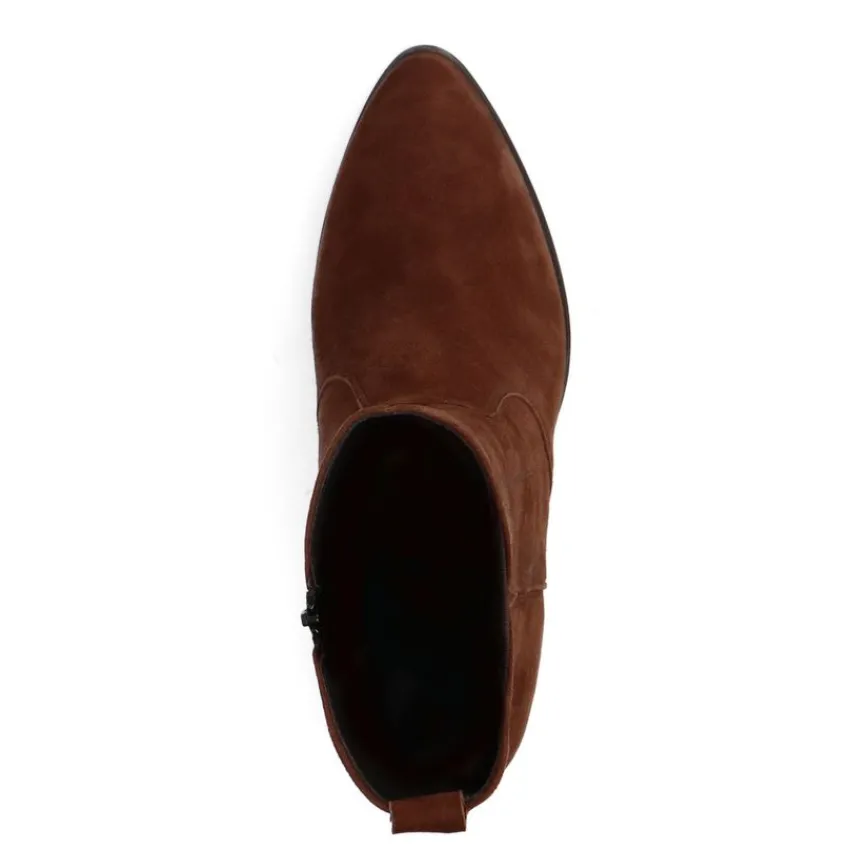 No Stress Cognac suède enkellaarsjes met hak^DAMES Enkellaarsjes